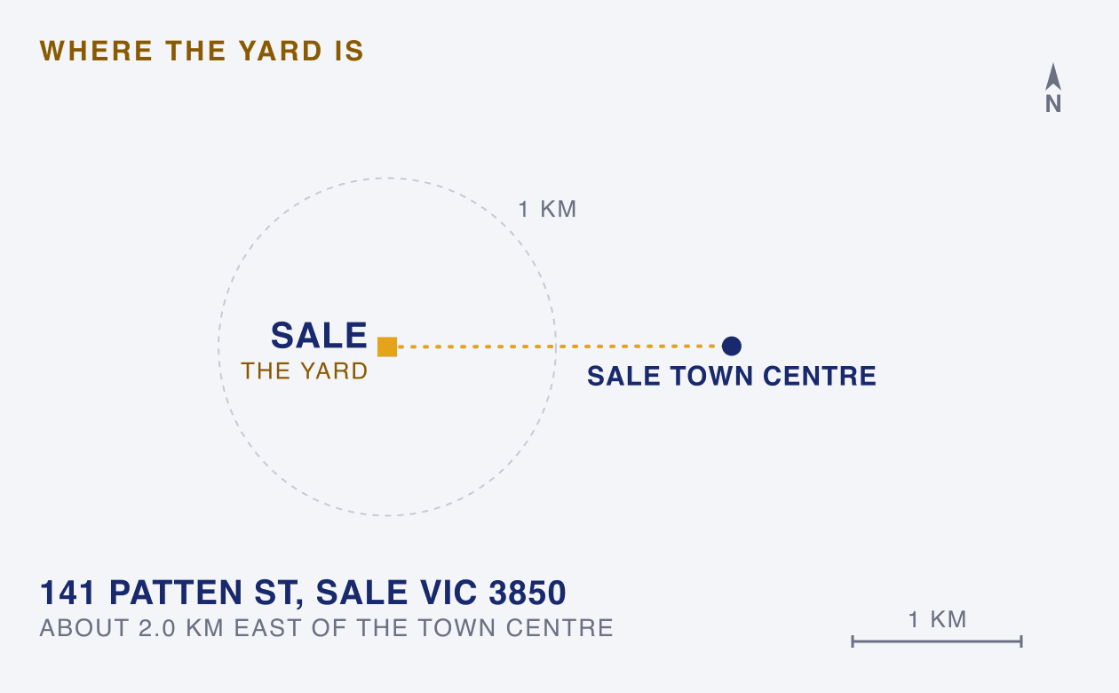 Locator map: the Wellington Rentals yard at 141 Patten St, Sale VIC 3850, about 2 km east of the Sale town centre